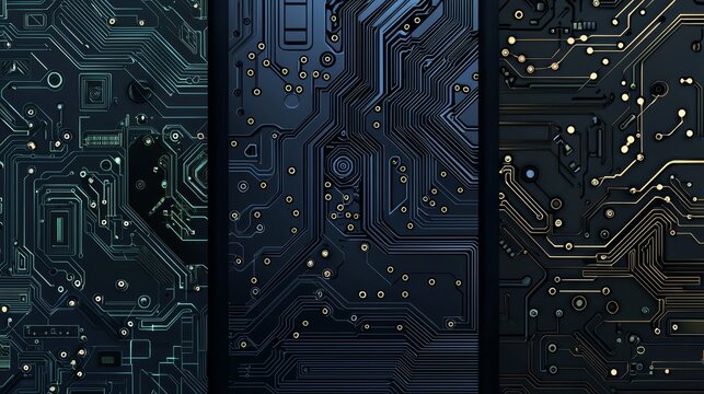 Set of seamless cyber patterns. Circuit board texture. Collection of digital high tech style vector backgrounds
