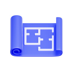 3D icon of a rolled architectural blueprint with a floor plan For house plans, architectural design, construction blueprint, property layout.