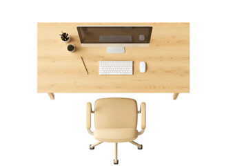 Top view of a modern desk with computer and chair isolated on transparent background