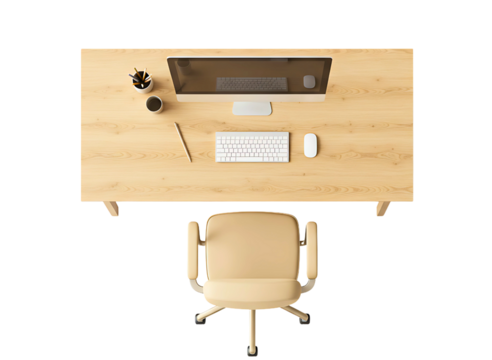 Top view of a modern desk with computer and chair isolated on transparent background