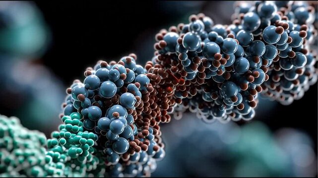 Synthesis protein. Molecular biology. Genetic code. Enzyme genetic engineering. Amino acid biosynthesis. A detailed molecular structure with colorful atoms and bonds.