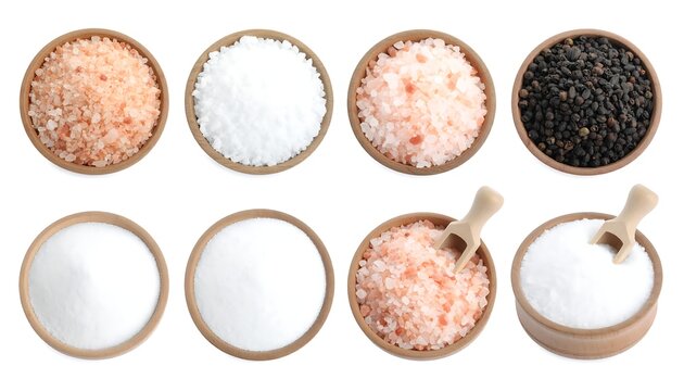 Assorted types of salt and pepper in small bowls - Powered by Adobe