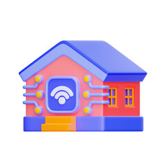 3D icon of a house with a Wi-Fi symbol and circuits For home automation, smart home technology, internet of things IoT for homes, connected living.