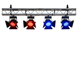Stage lighting rig with colorful spotlights isolated on transparent background