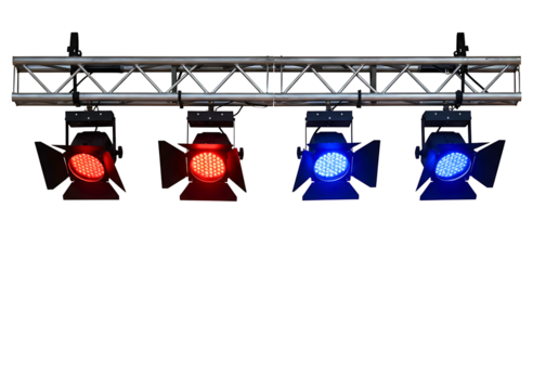 Stage lighting rig with colorful spotlights isolated on transparent background