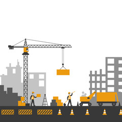 Construction Workers Building a Cityscape with Crane