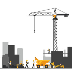 Construction Workers Building a Cityscape with a Crane