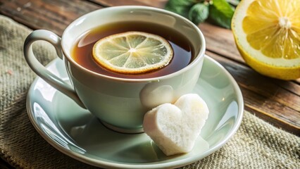 Cup of tea with lemon and heart-shaped sugar cube isolated on white background