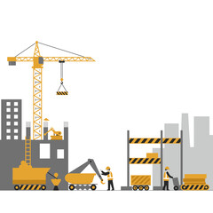 Construction Workers Building a Cityscape with Heavy Machinery