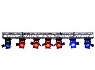 Stage lighting rig with colorful spotlights isolated on transparent background