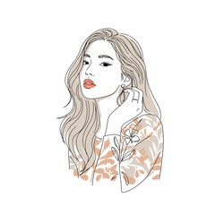 Elegant Woman Portrait Line Art Illustration with Floral Pattern
