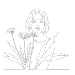 Elegant Woman Portrait with Line Art Flowers