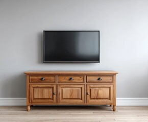 Fototapeta premium A light-gray wall houses a dark-framed television set above a rich-brown wooden entertainment center with three drawers and two cabinet doors.