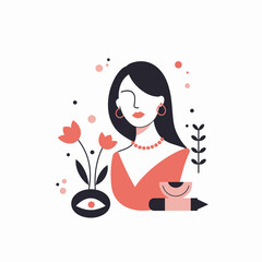 Elegant Woman Portrait with Red Dress and Floral Geometric Design