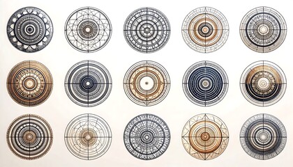 A grid of intricate circular designs in various shades of brown and gray, showcasing intricate patterns and concentric circles, arranged in a symmetrical layout against a light background.