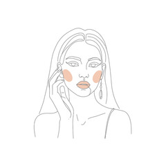 Minimalist Line Art Portrait of a Woman with Blush and Earrings
