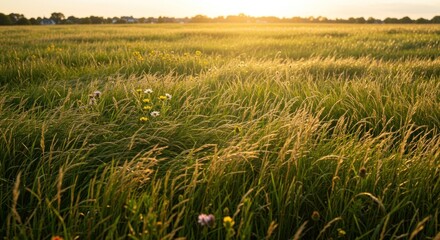 Golden hour sunset over a grassy field with wildflowers