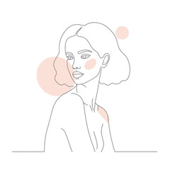 Minimalist Line Art Portrait of a Woman with Pastel Pink Circles
