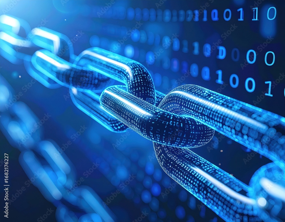 Poster a close-up view of a digital chain representing blockchain technology and security concepts.