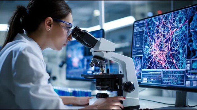 Synthesis protein. Molecular biology. Genetic code. Enzyme genetic engineering. Amino acid biosynthesis. Scientist examining samples under a microscope in a laboratory setting.