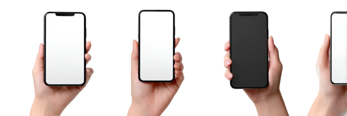 Four hands holding smartphones, various colors