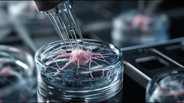Synthesis protein. Molecular biology. Genetic code. Enzyme genetic engineering. Amino acid biosynthesis. A scientific setup with a pipette interacting with a cell culture.