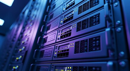 Closeup of server racks in a data center showcasing technology and networking infrastructure with blue and purple lighting for a modern look