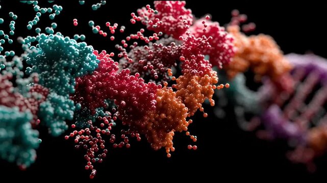 Synthesis protein. Molecular biology. Genetic code. Enzyme genetic engineering. Amino acid biosynthesis. Abstract representation of molecular structures in vibrant colors.