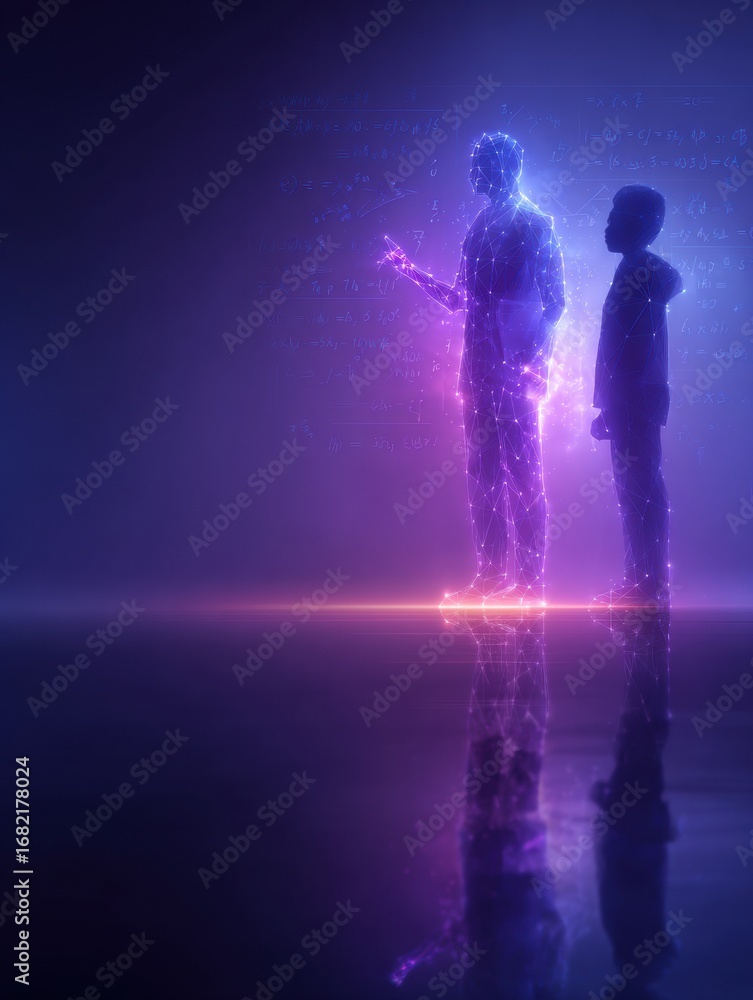 Poster Two illuminated figures engage in a thoughtful exchange within a vibrant, otherworldly setting filled with shimmering colors and ambient light.