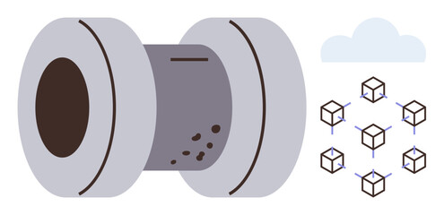 Cylindrical core with particles, networked cubes, and cloud symbolizing data processing, connection, digital infrastructure, technology integration, innovation, analytics, and seamless systems in