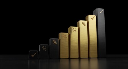 Financial growth and success concept, bar graph representing rising percentages, 3D render on black background