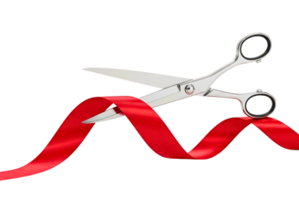 Silver scissors cutting red ribbon isolated on transparent background