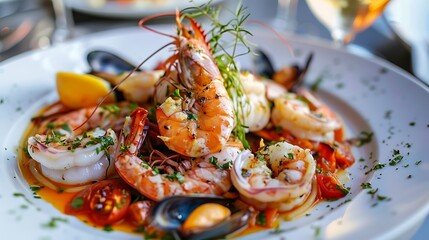 Appetizing Seafood Pasta with Shrimp and Vegetables / エビと野菜が入った食欲をそそるシーフードパスタ