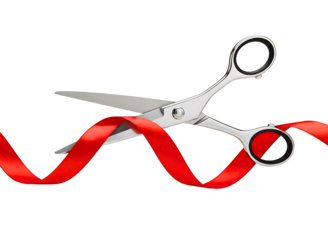 Silver scissors cutting red ribbon isolated on transparent background