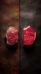 Two raw beef steaks placed side by side on a textured dark background, showcasing fresh red meat cuts ready for cooking.
