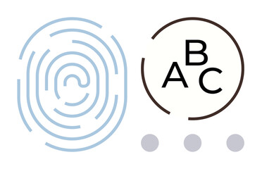 Abstract fingerprint next to a circular design with letters A, B, C and three dots beneath. Ideal for security, education, personalization, identity, authentication, learning and abstract data