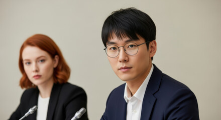 Confident young asian businessman with glasses sitting at meeting table listening attentively beside focused female colleague in modern office setting professional teamwork concept