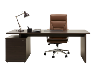 Executive dark wood desk and black leather chair isolated on transparent background
