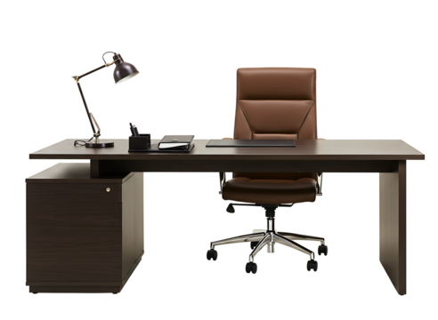 Executive dark wood desk and black leather chair isolated on transparent background