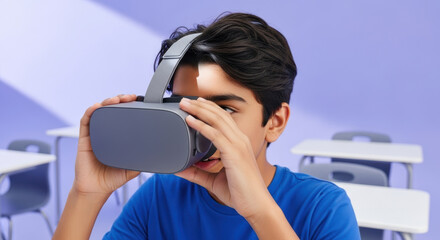 Curious schoolboy exploring immersive virtual reality experience in modern classroom with futuristic headset focusing on educational innovation and digital learning