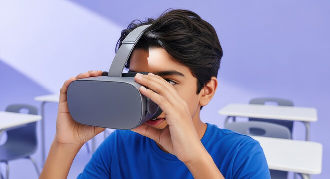 Curious schoolboy exploring immersive virtual reality experience in modern classroom with futuristic headset focusing on educational innovation and digital learning