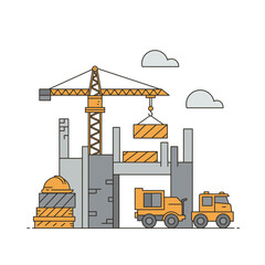 Construction Site Illustration with Crane and Trucks