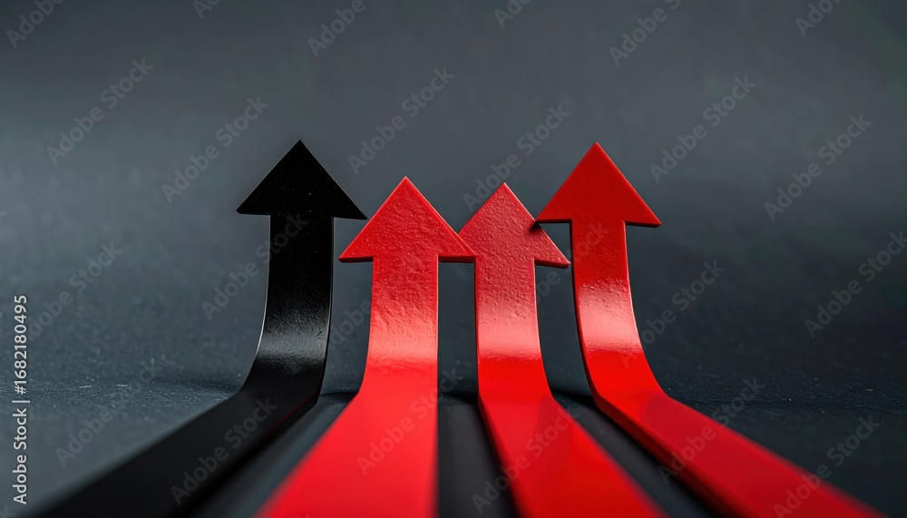 Poster a dynamic arrangement of arrows pointing upwards in contrasting colors on a dark background.