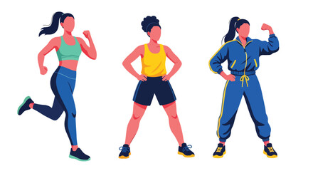 Set of dynamic illustrations of athletic women in sportswear training, running, and posing confidently, symbolizing fitness, health, motivation, and active lifestyle concepts