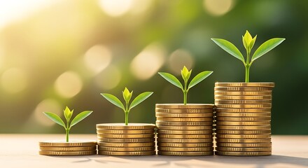 Stacks of golden coins with small green plants growing on top, symbolizing financial growth and investment success in a bright, sunny setting