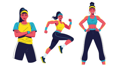 Set of dynamic illustrations of athletic women in sportswear training, running, and posing confidently, symbolizing fitness, health, motivation, and active lifestyle concepts