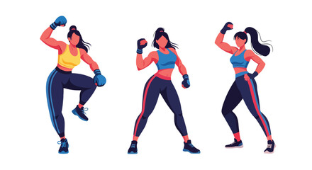 Set of dynamic illustrations of athletic women in sportswear training, running, and posing confidently, symbolizing fitness, health, motivation, and active lifestyle concepts