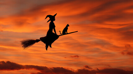 Silhouette of a witch wearing a hat flying on a broomstick with a black cat against a dramatic red sunset sky.
