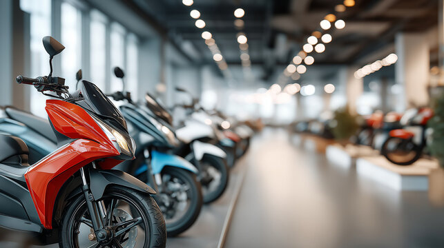 Scooters lined up in a showroom, ideal for promoting urban transportation, vehicle sales, and travel themed marketing campaigns.