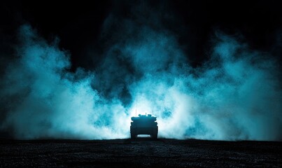 Silhouette of a military vehicle at night in a swirling blue mist